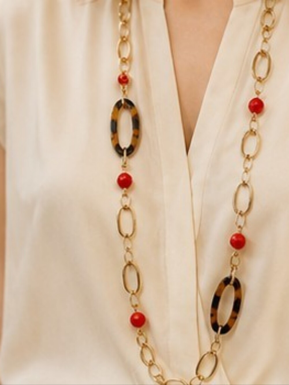 New York & Company NWT Long Gold Tone Tortoiseshell Necklace Red Bead Statement - Picture 2 of 9